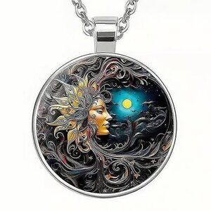 Silver CELESTIAL Sun Moon Glass Cabochon Pendant Necklace